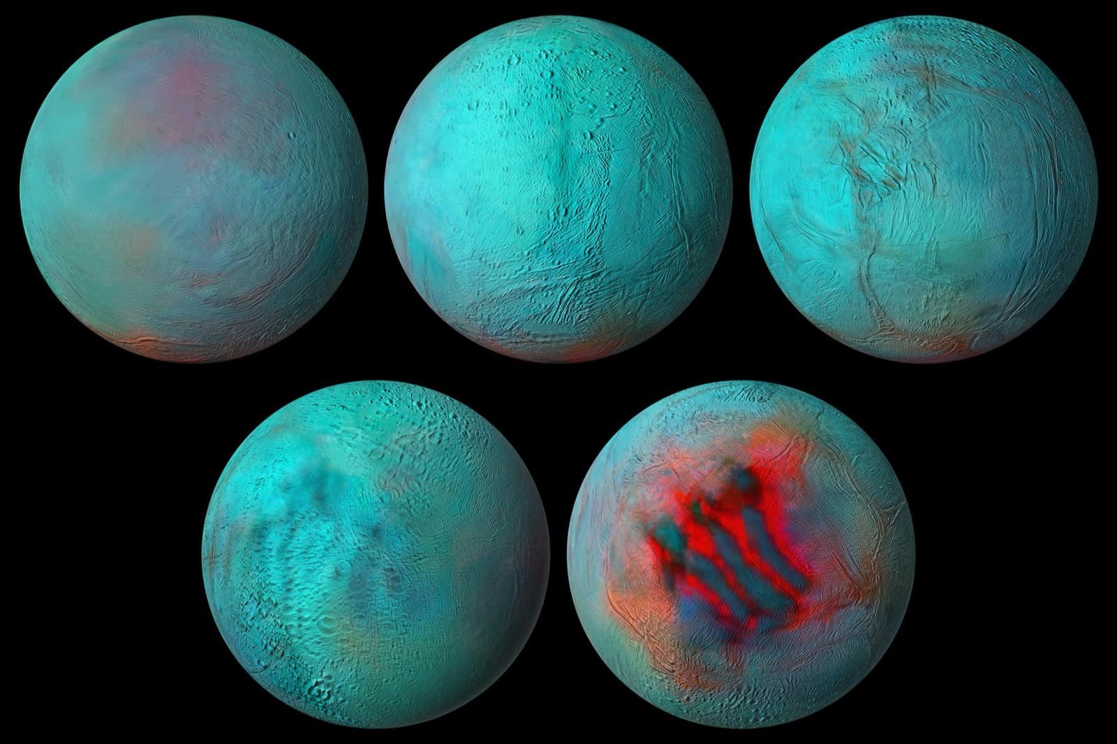 Cassini visible and infrared global views of Enceladus highlighting fresh ice and active terrain.