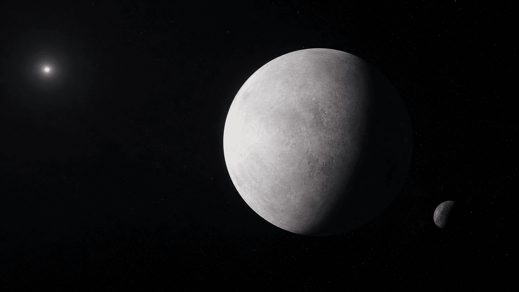 Vastward artistic reconstruction of pale Eris and its moon Dysnomia.