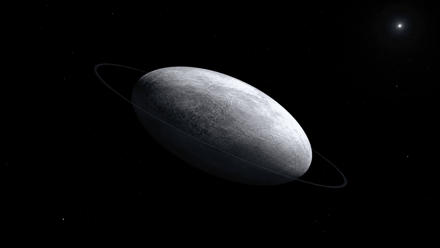 Vastward artistic reconstruction of elongated Haumea with its narrow ring.