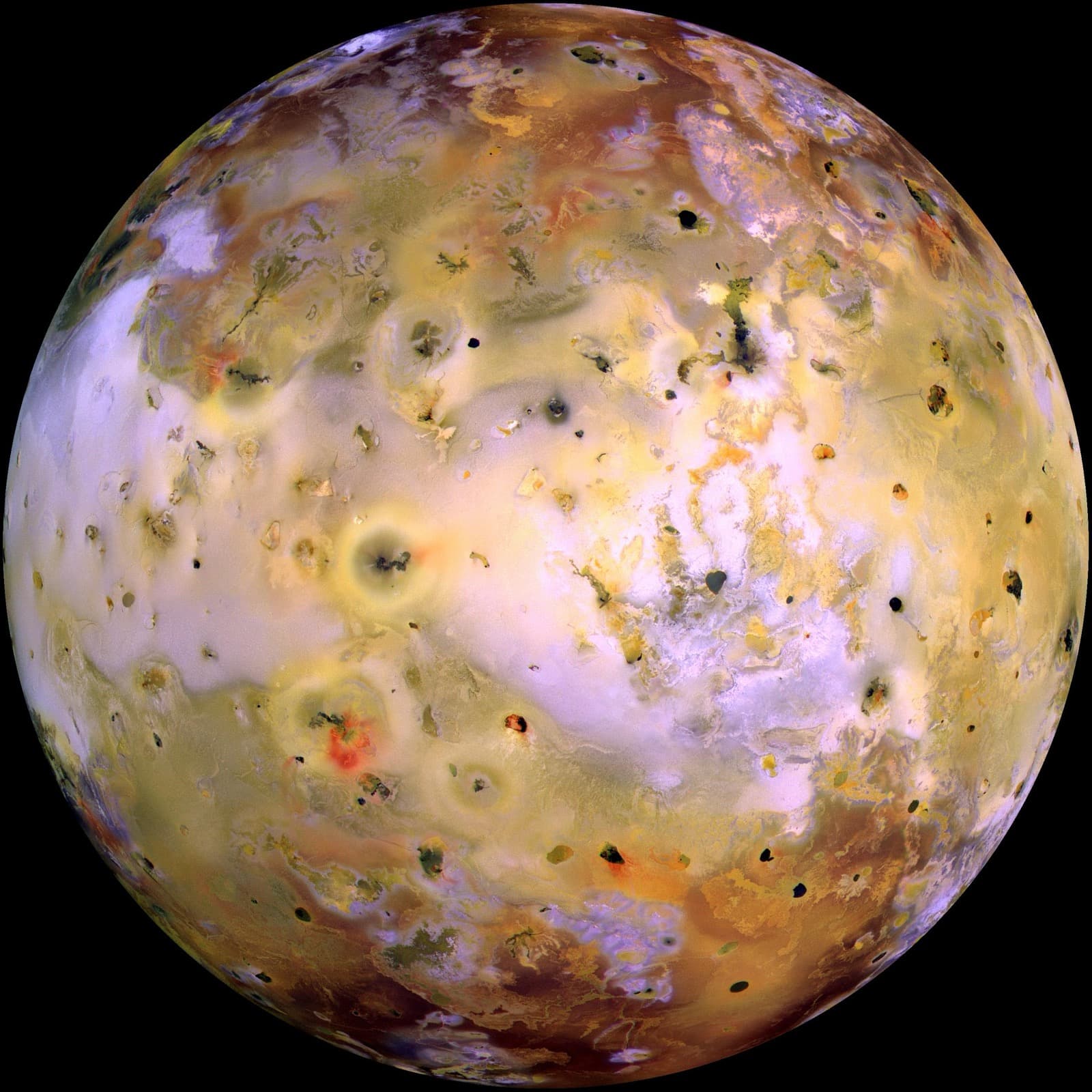 False-color Galileo global mosaic of yellow, orange, white and black volcanic terrains on Io.