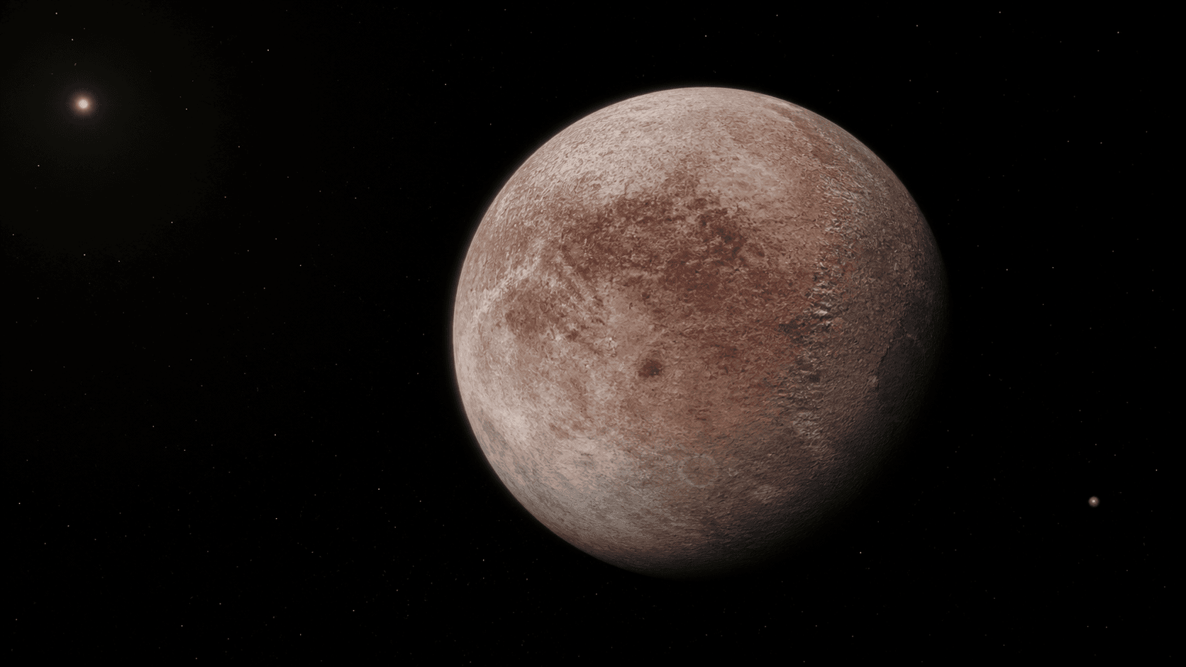 Vastward artistic reconstruction of reddish Makemake with its faint moon MK2.