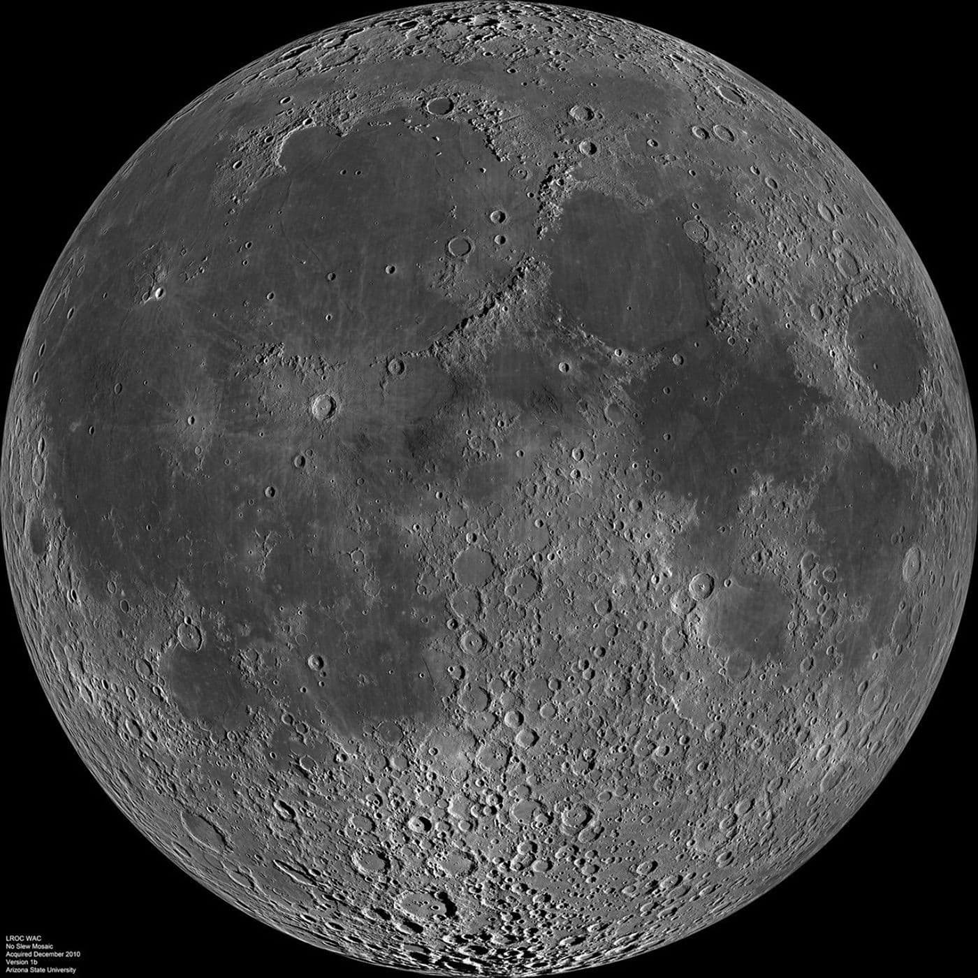 A sharp grayscale mosaic of the Moon's familiar near side, with dark maria, bright highlands and clearly defined craters.