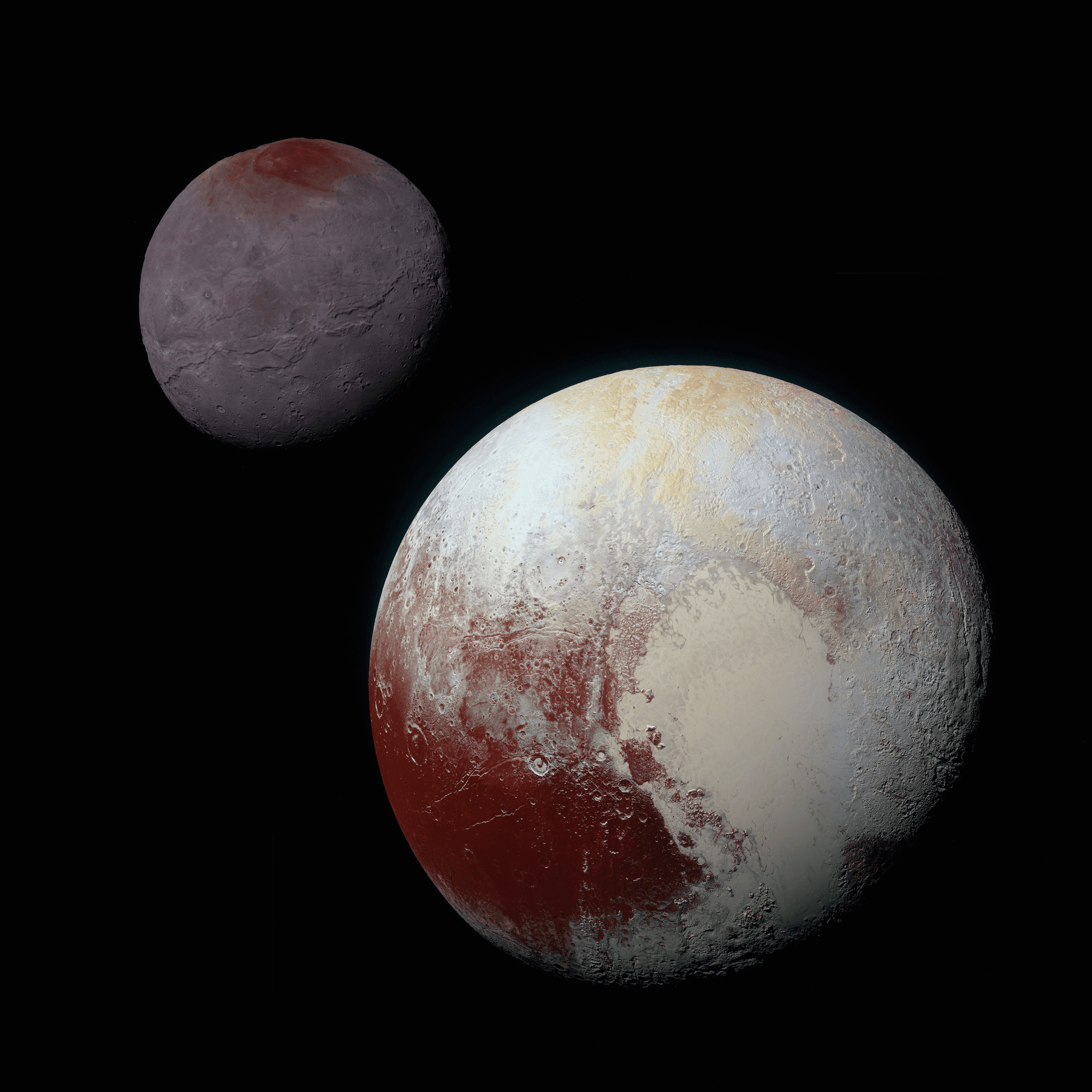 Enhanced-color New Horizons composite of Pluto and Charon.