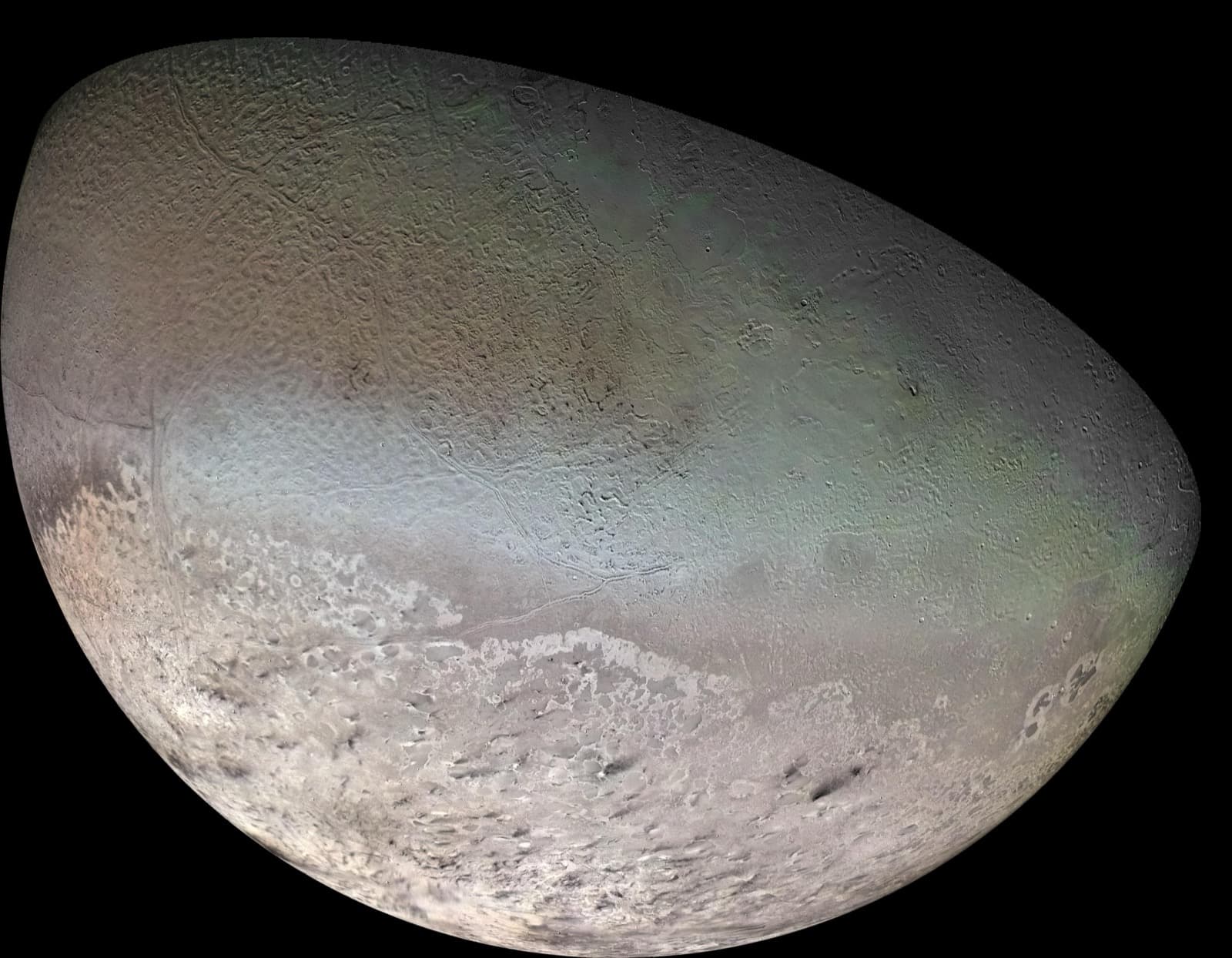 Voyager 2 global color mosaic of pale Triton with pinkish terrain, dark streaks and icy plains.