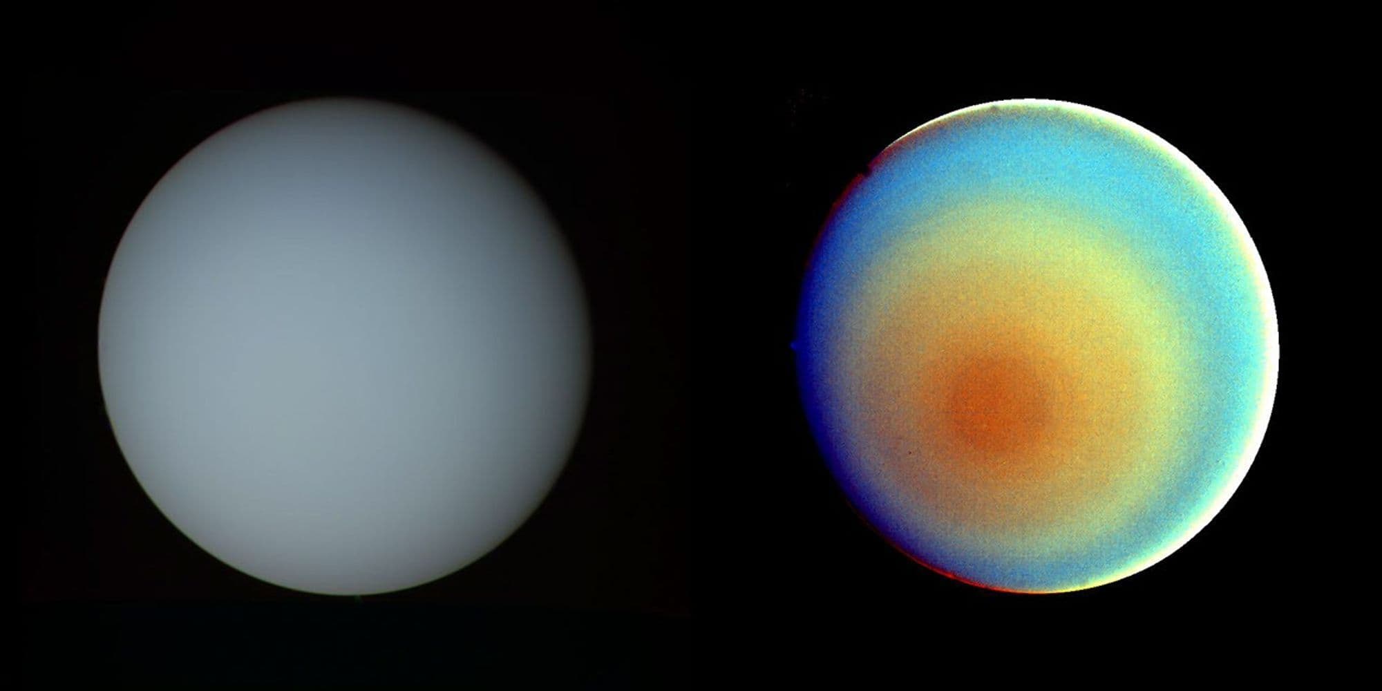 Two Voyager views of Uranus side by side, one pale cyan in near-natural colour and one banded in strongly enhanced false colour.