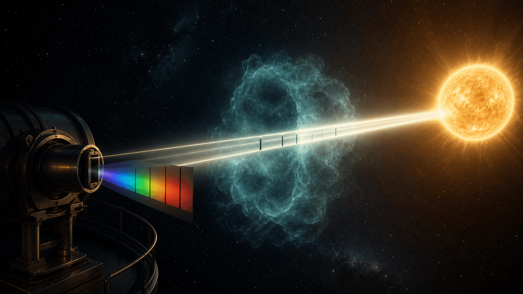 White starlight crosses a translucent cool gas cloud before reaching a spectrograph, leaving dark absorption lines in a rainbow.