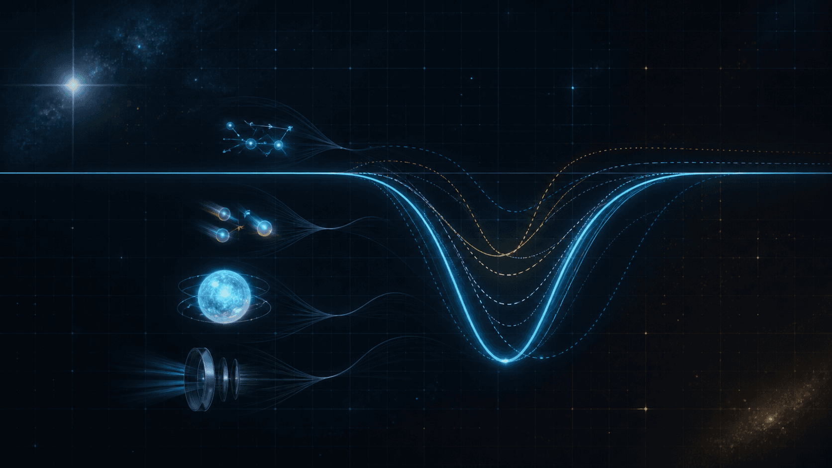 A calibrated stellar spectrum line widens into several translucent profiles, suggesting temperature, pressure, motion, and instrument effects.
