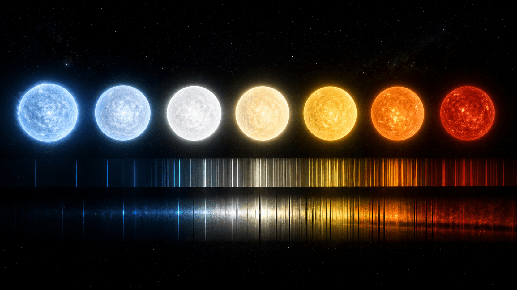 Seven stars from hot blue O type to cool red M type above changing absorption-line patterns.