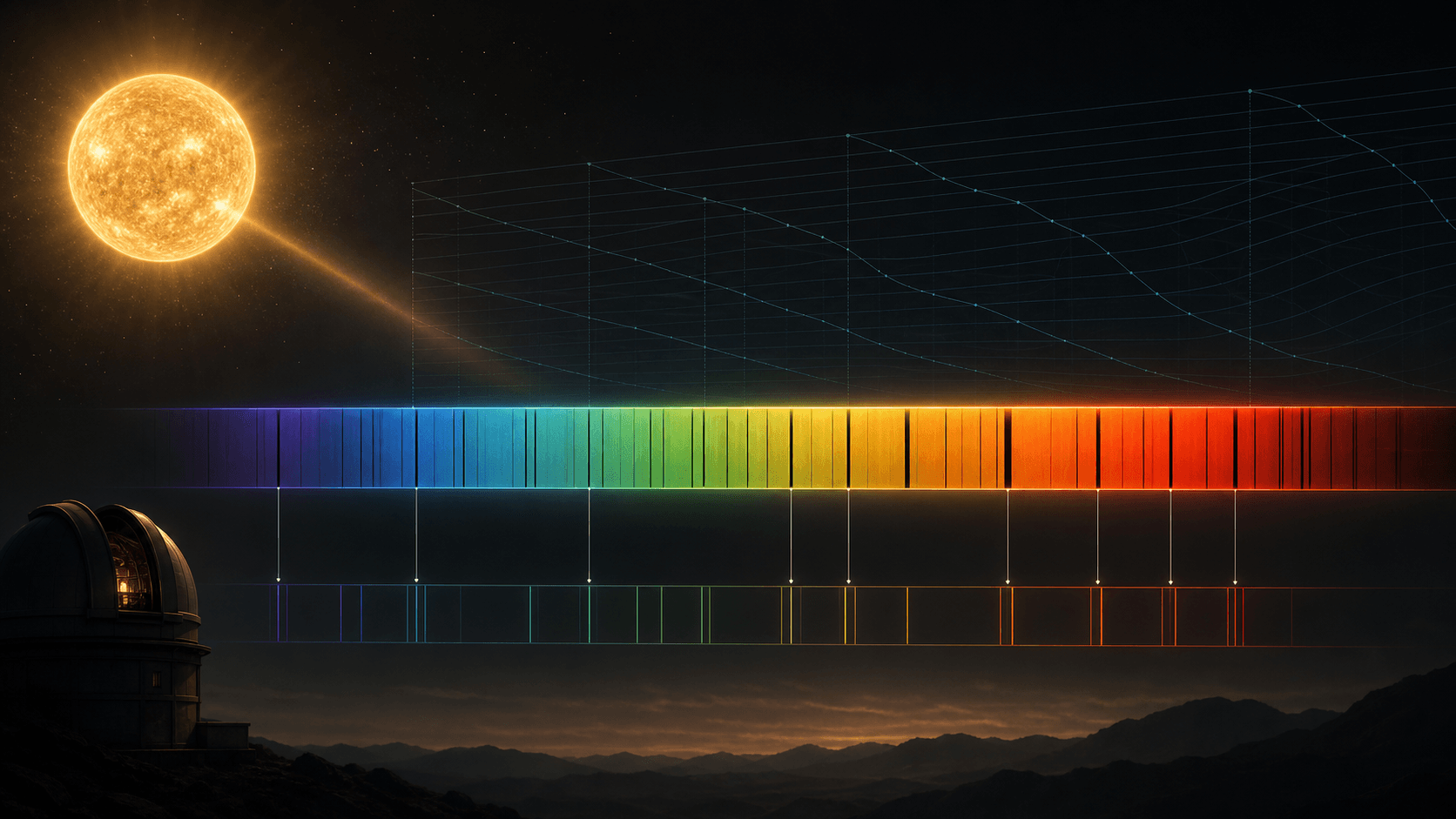 A calibrated stellar spectrum is compared with laboratory line markers and a model atmosphere grid.