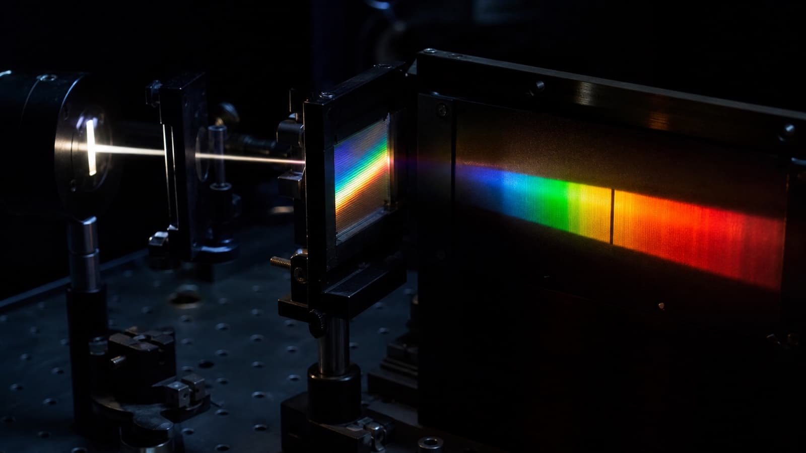 Starlight enters a precision spectrograph and spreads into a detector spectrum whose dark absorption line can be measured.