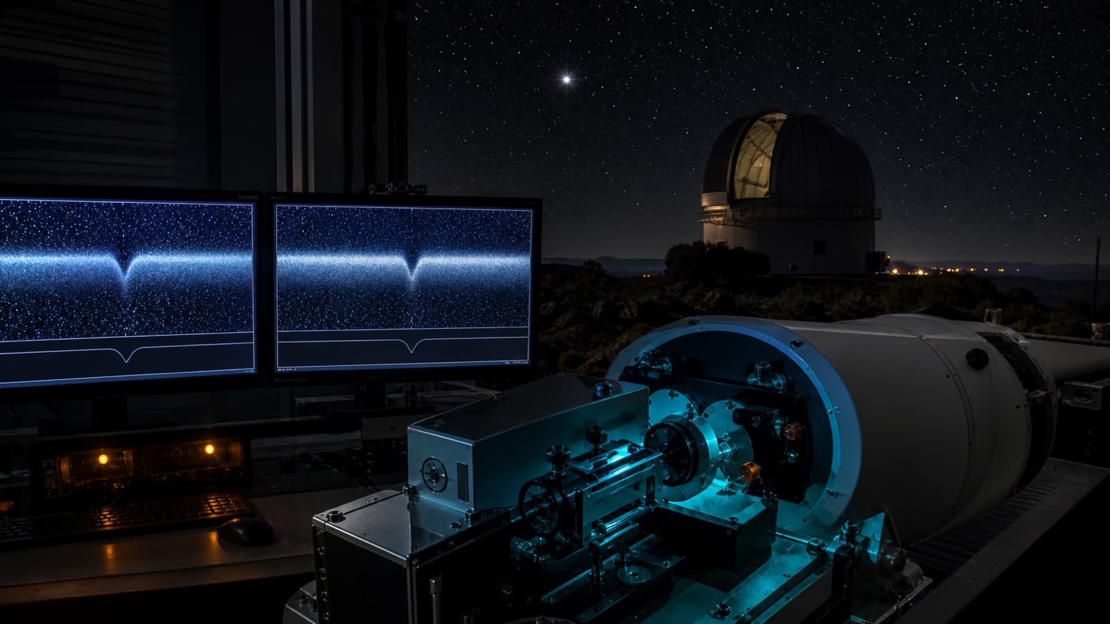 Two independent observing paths show the same subtle spectral dip while a telescope dome watches the target star.