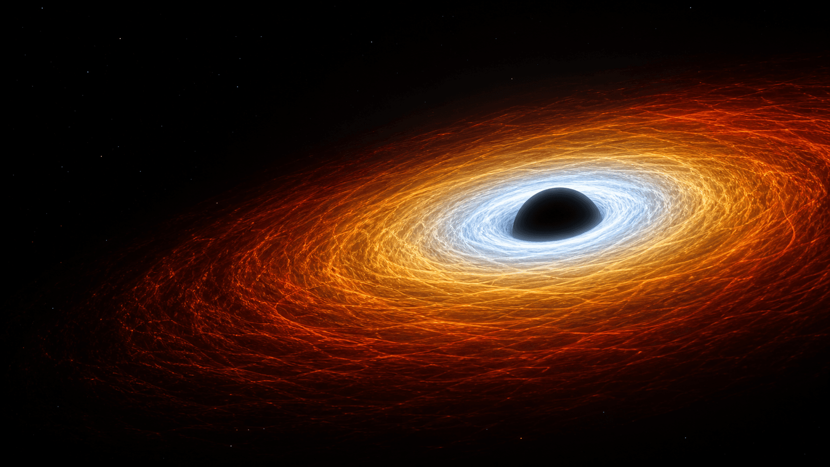 An artistic reconstruction of a thin black-hole accretion disk changing from dim red at its outer edge to white-blue near its inner edge outside the dark central shadow.