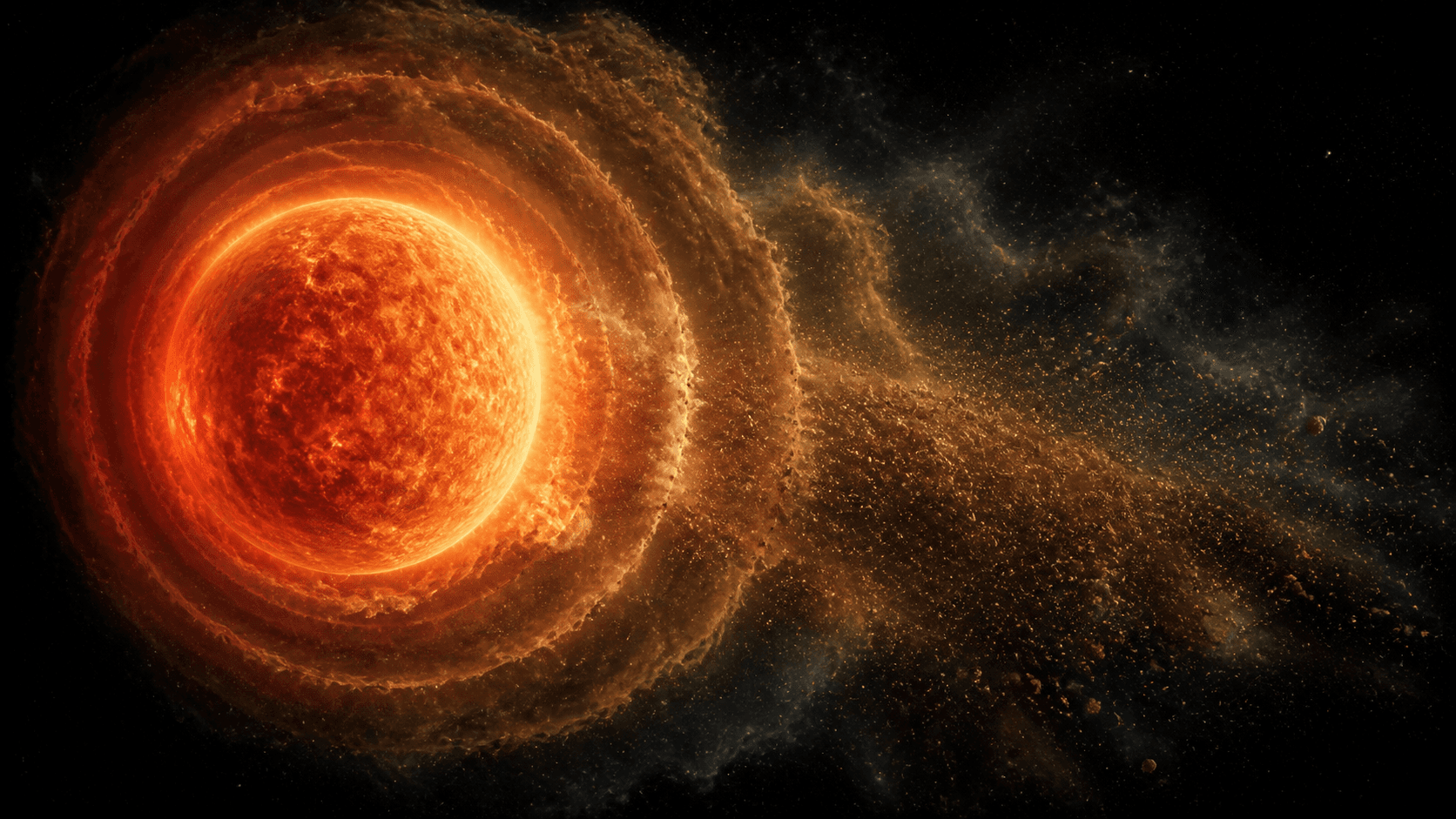 A scientific artistic reconstruction of a huge amber asymptotic giant branch (AGB) star with broad atmospheric pulses and a dusty gas wind expanding into space.