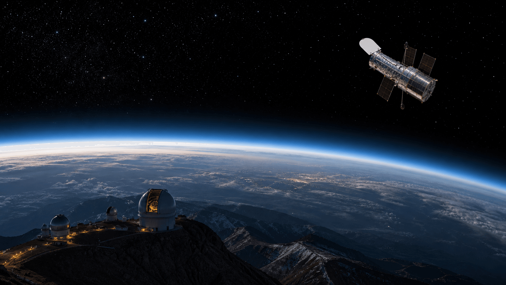 A high mountain observatory sits below Earth's glowing atmosphere while a space telescope observes above it.