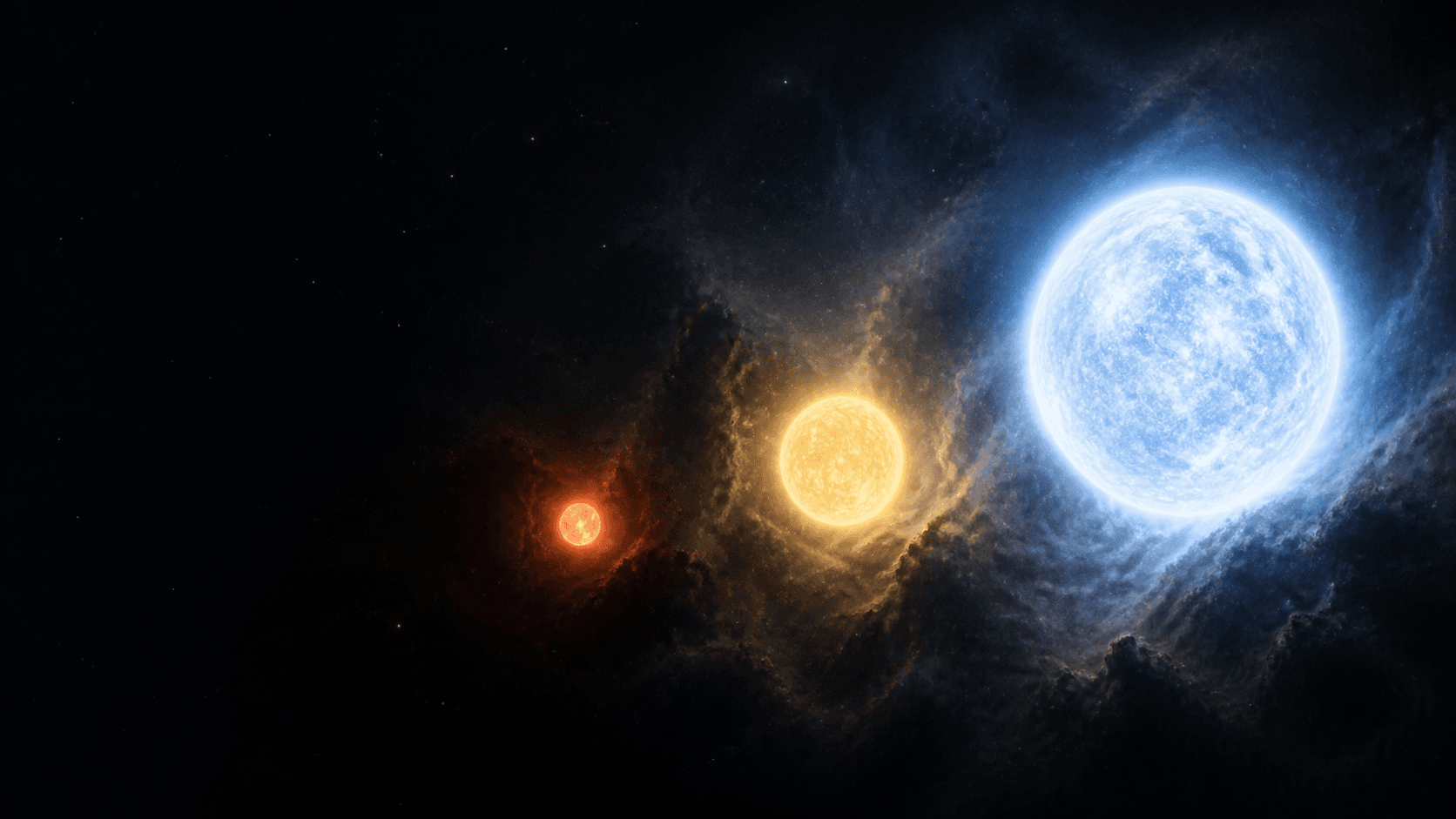 Four newly formed stars from low to high birth mass glow with visibly different colour, size, and intensity in one stellar nursery.