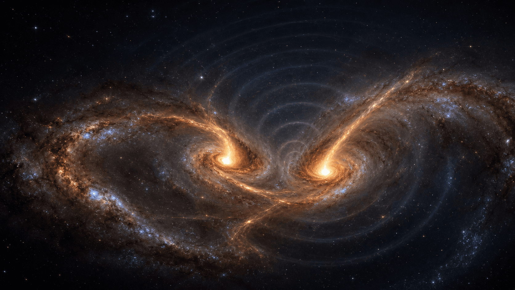 An artistic reconstruction of two interacting galaxies whose gas-rich nuclei contain an approaching black-hole pair, with subtle gravitational-wave ripples spreading outward.
