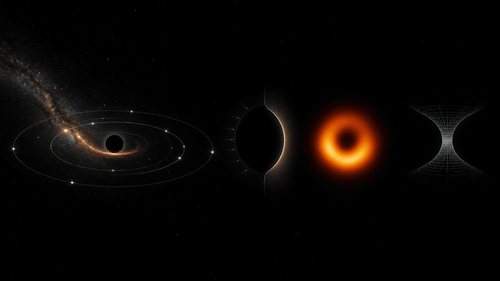 A scientific artistic synthesis separating a stable black-hole orbit, a causal horizon boundary, a reconstructed radio ring, and a fading speculative wormhole geometry.