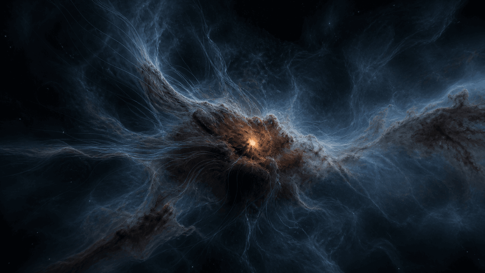 An artistic reconstruction of a cold blue molecular cloud gathering into a brighter dense core while faint filaments and magnetic-field-like arcs cross the scene.