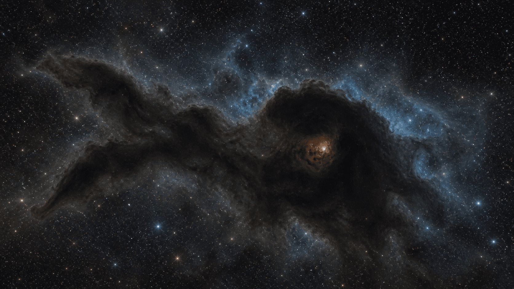 An artistic reconstruction of a cold molecular cloud appearing as a dark silhouette against a dense field of stars, with a faint embedded glow.