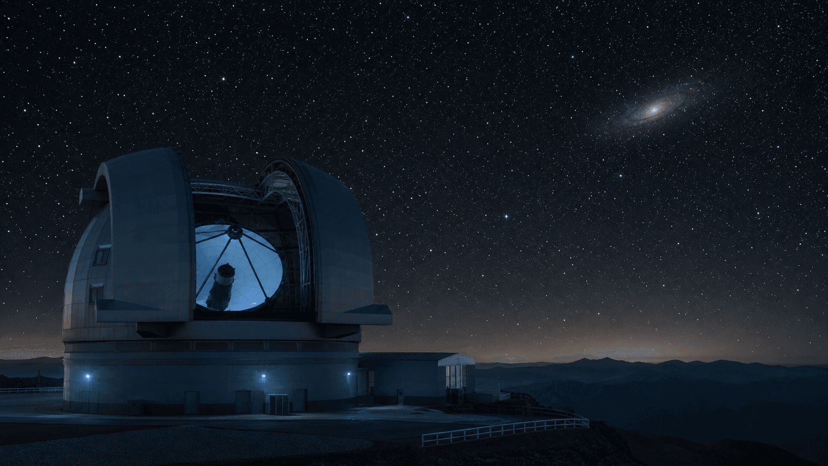 A large reflecting telescope opens beneath a dark sky and gathers light from a faint distant galaxy.