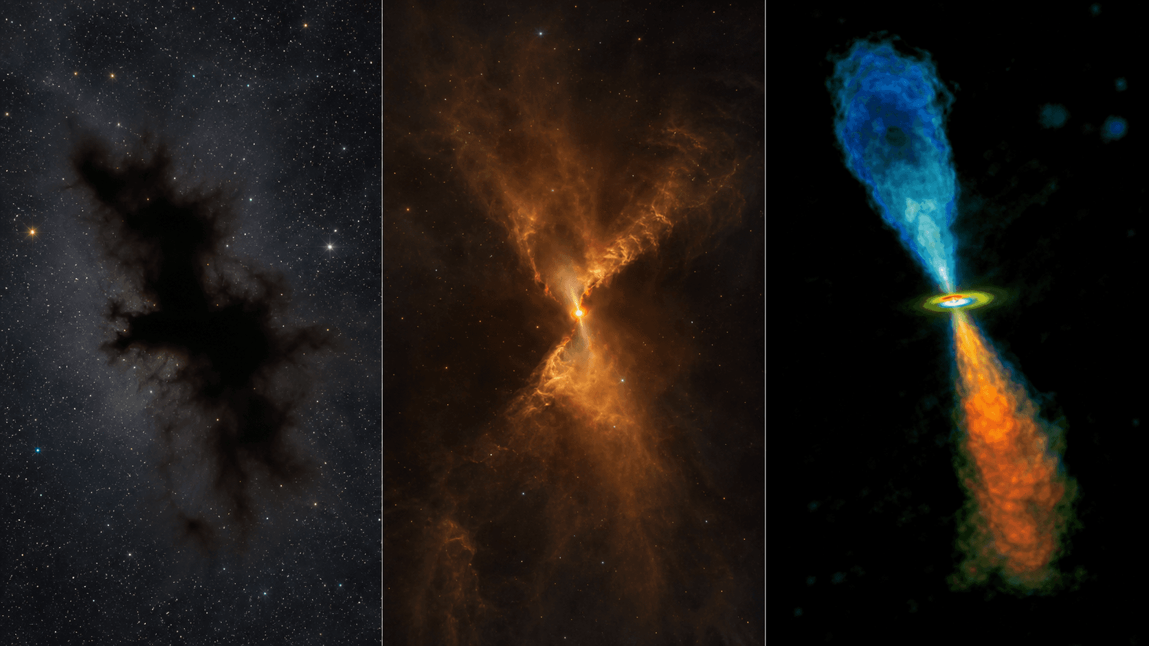 A three-panel scientific montage showing a dark cloud in visible light, an embedded warm source in infrared, and a disk with bipolar outflow in millimetre observations.