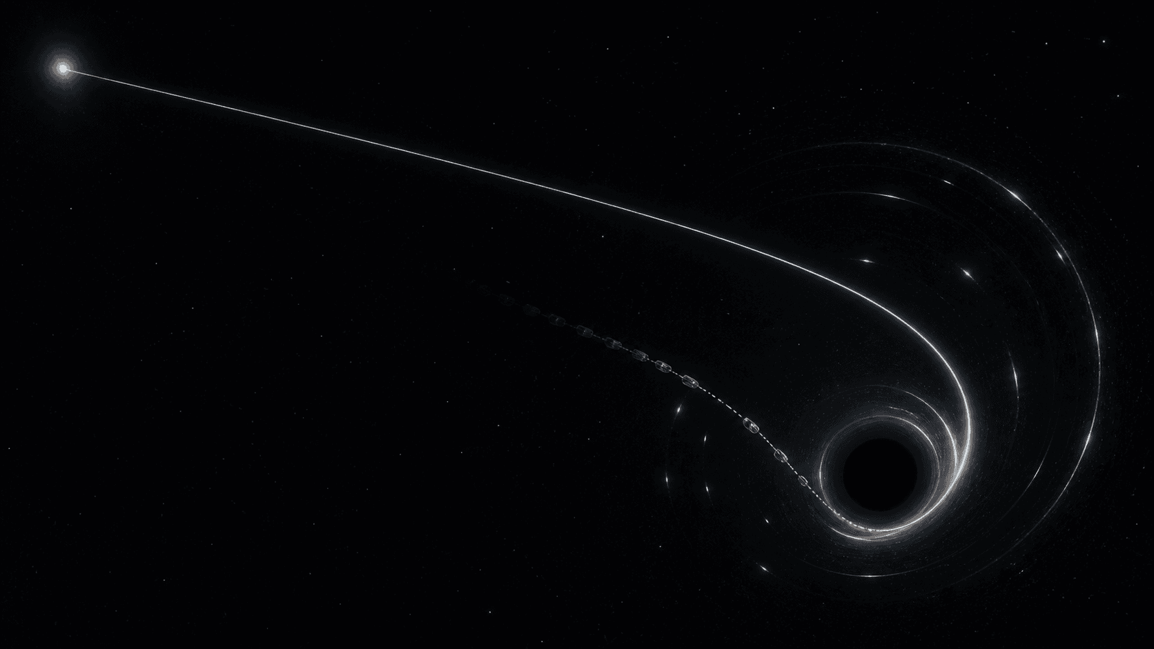 A light ray and a freely falling probe follow curved global paths past a compact black hole while distant starlight is gravitationally lensed.