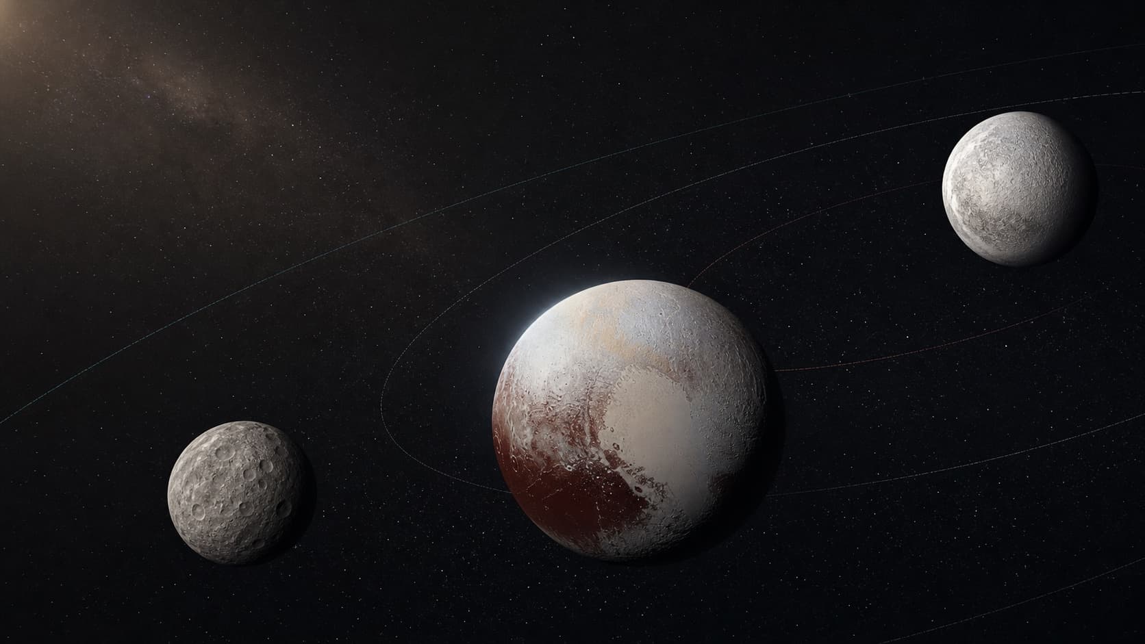 Artistic lineup of Pluto, Ceres, and Eris against a dark solar-system background.