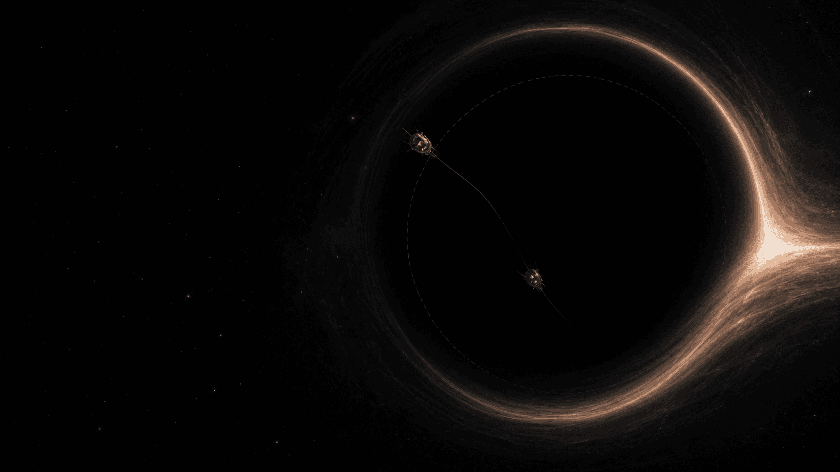 An instrumented probe appears in two successive positions while freely falling across a black hole's event horizon without striking a material wall.