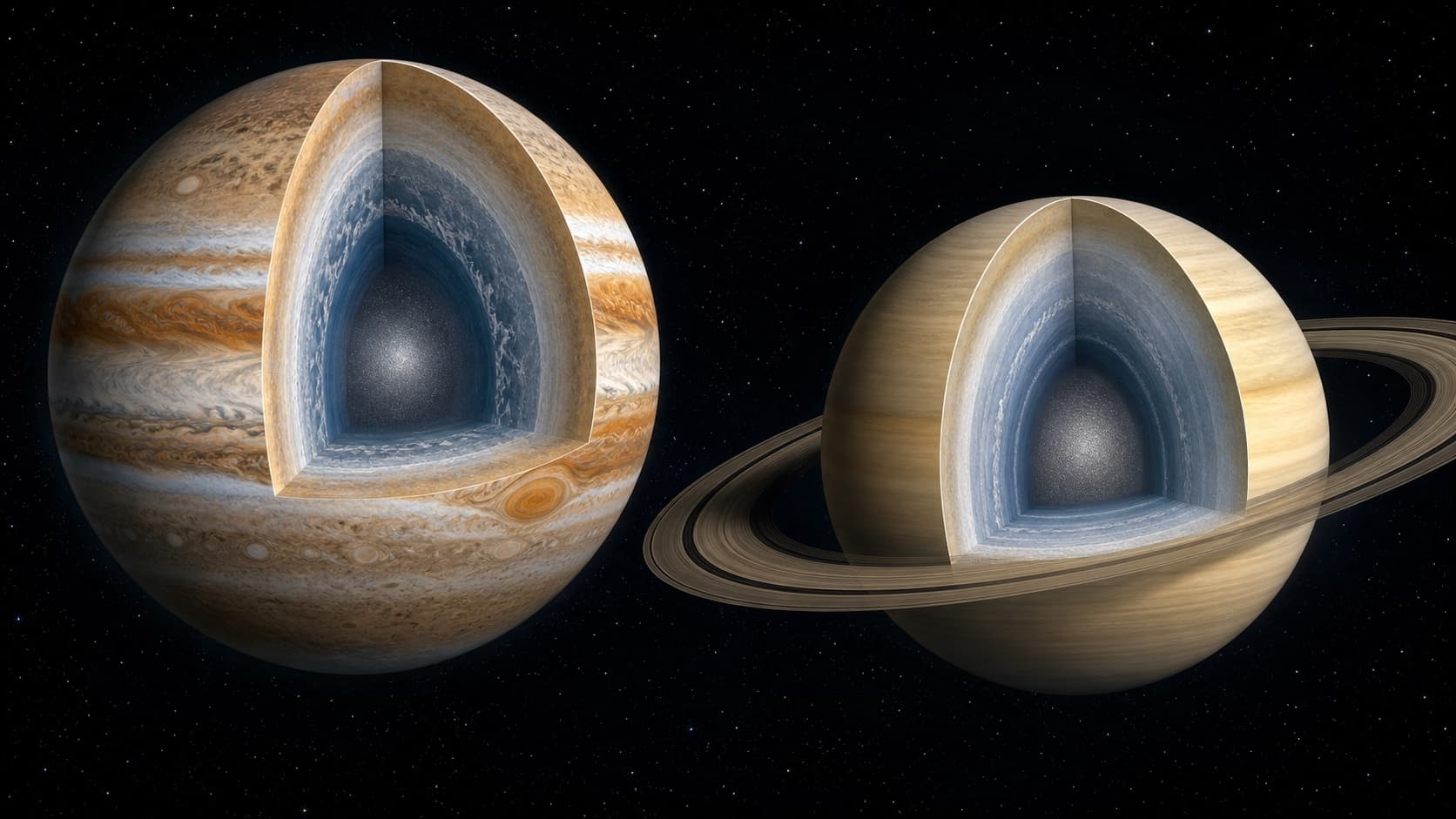 Artistic scientific reconstruction of Jupiter and Saturn with conceptual cutaway wedges revealing compressed fluid layers and uncertain cores.