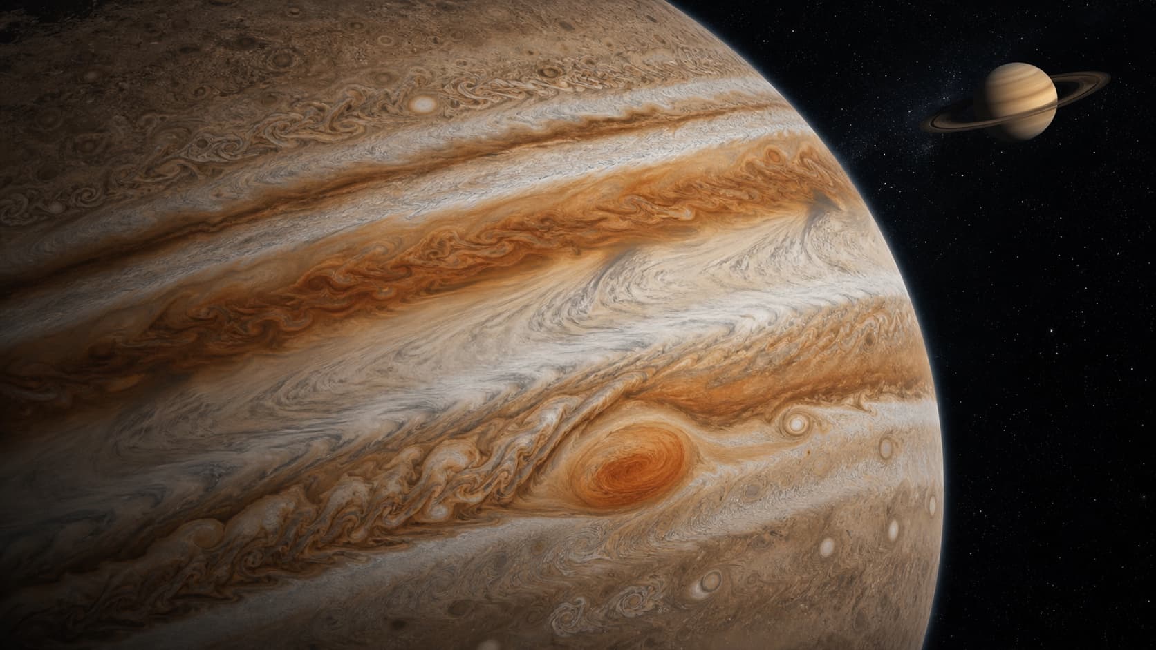 Artistic scientific reconstruction of Jupiter's turbulent bands and Great Red Spot with Saturn in the distance.