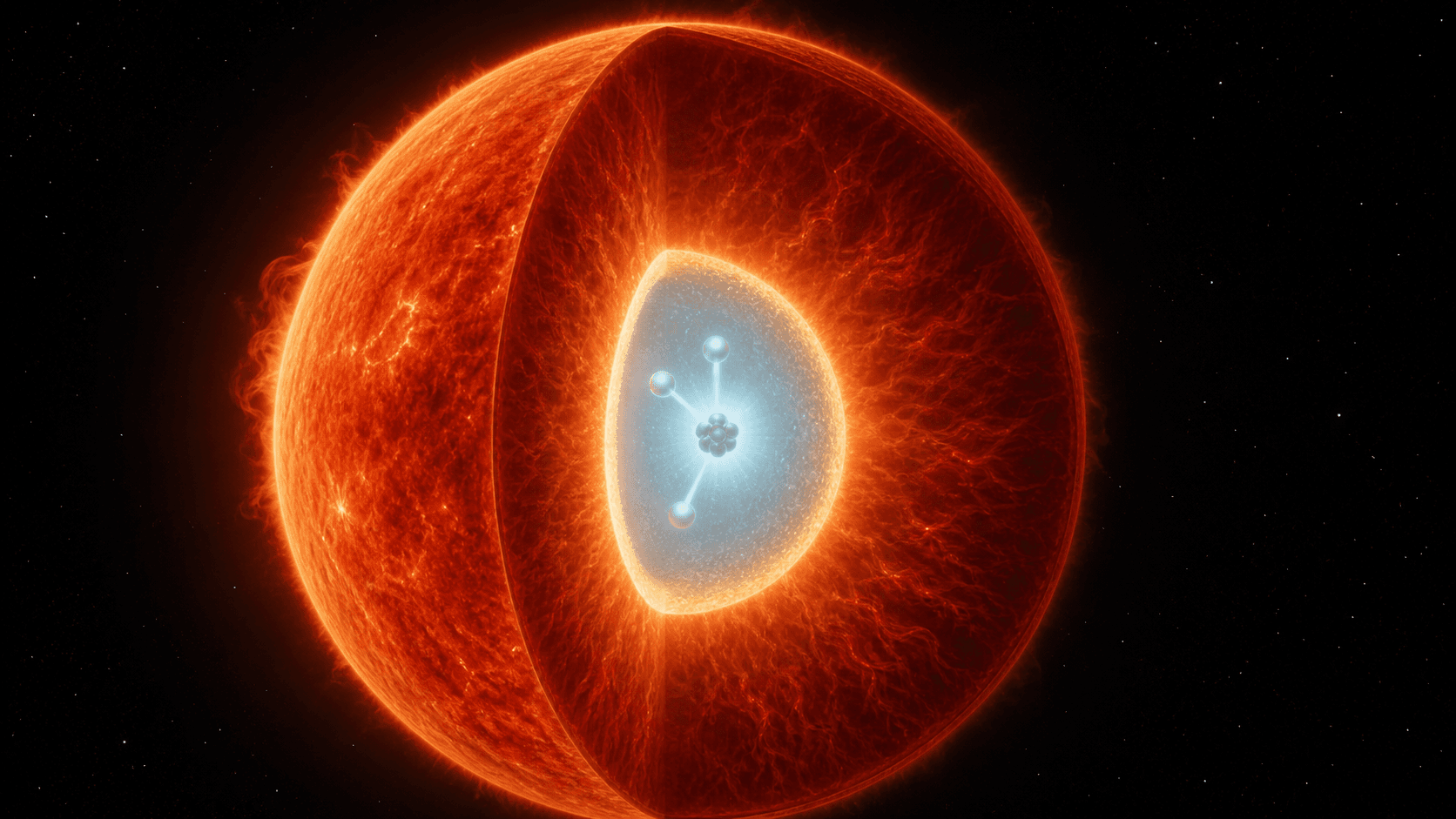 A scientific artistic reconstruction of a red giant cutaway with a compact white helium core, a bright surrounding shell, and a small triple-alpha teaching motif inside the core.