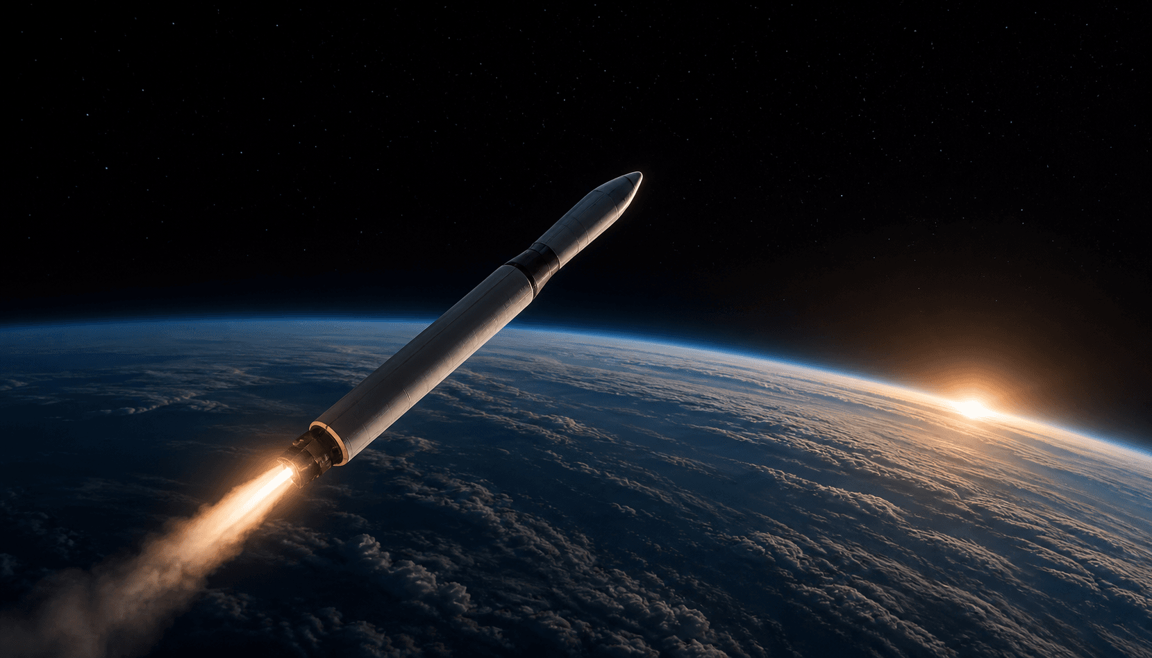 An original two-stage rocket pitching downrange above Earth's curved blue horizon.