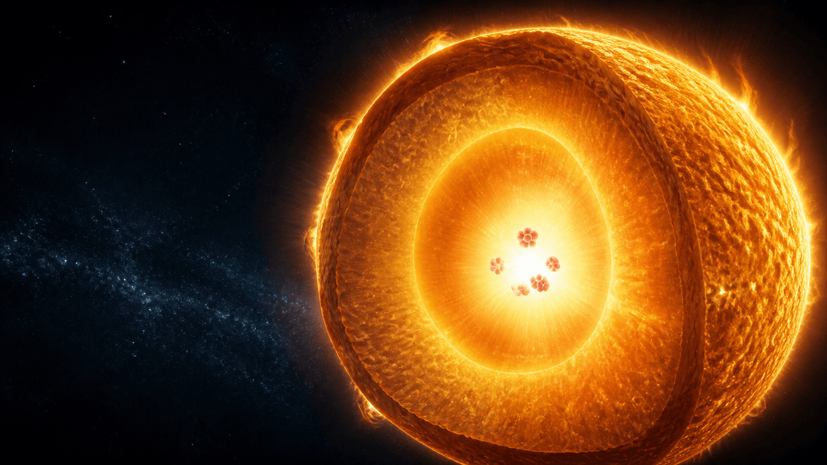 A scientific artistic cutaway of a Sun-like star with a brilliant fusion core and layered stellar interior.