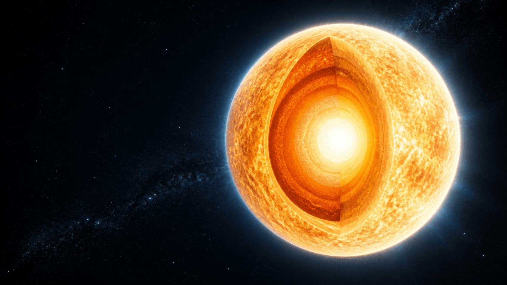 A scientific artistic cutaway of a stable Sun-like star with a bright core and concentric interior layers.