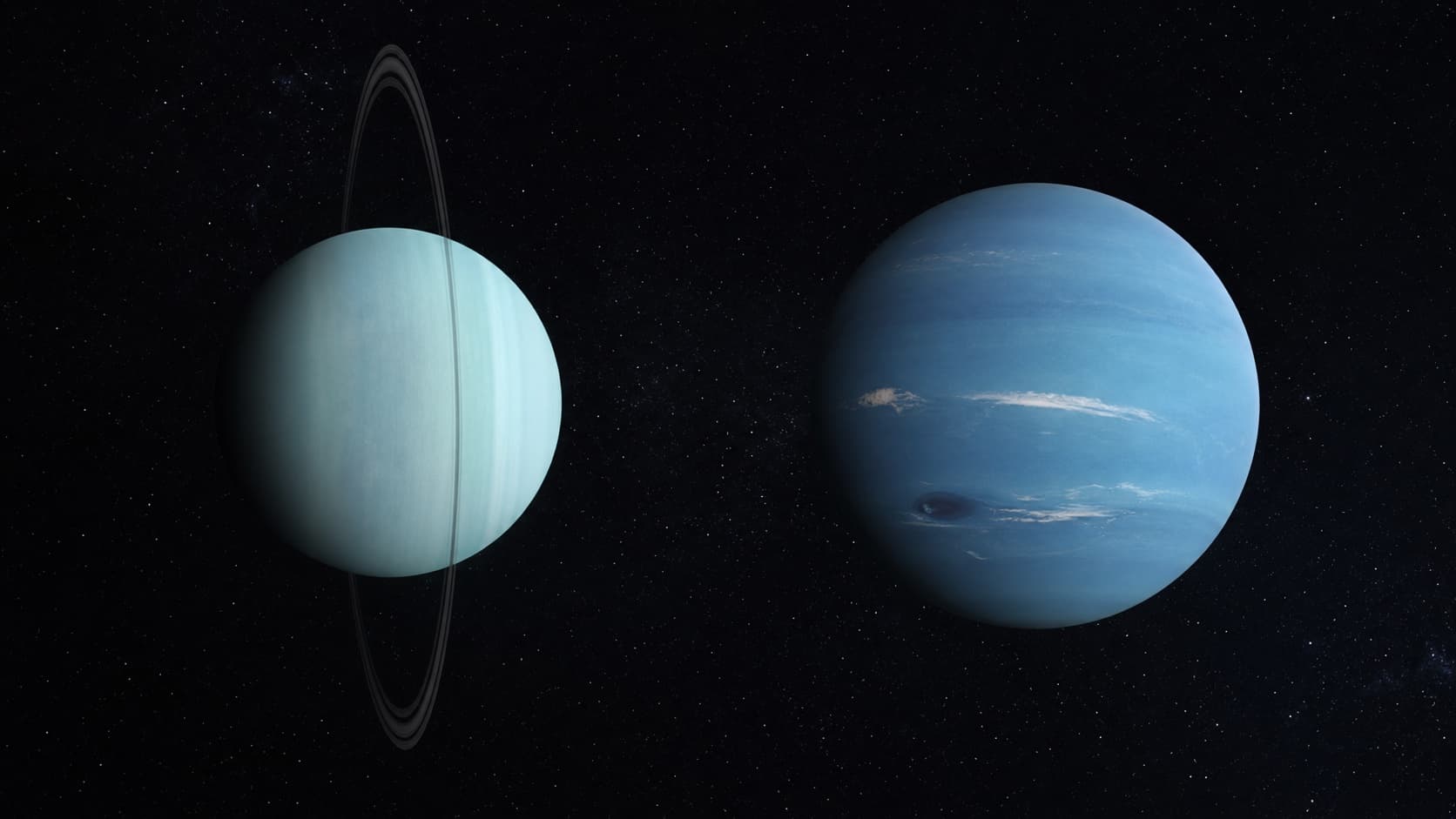 Artistic comparative portrait of pale cyan Uranus with sideways rings and Neptune with white clouds and a dark storm.