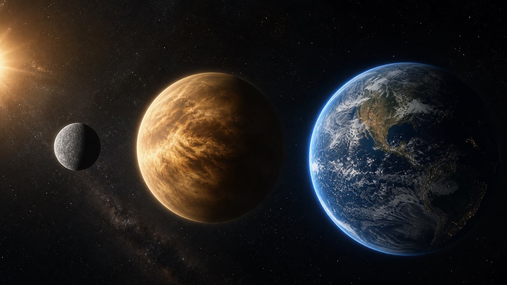 Artistic scientific reconstruction placing cratered Mercury, cloud-covered Venus, and ocean-bearing Earth beside one another in deep space.
