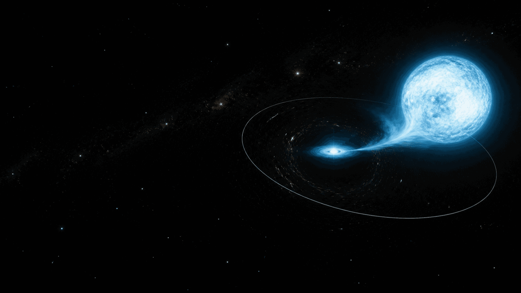 An artistic reconstruction of a blue-white star orbiting an unseen compact companion, with a faint gas stream and hot accretion glow revealing the hidden system.