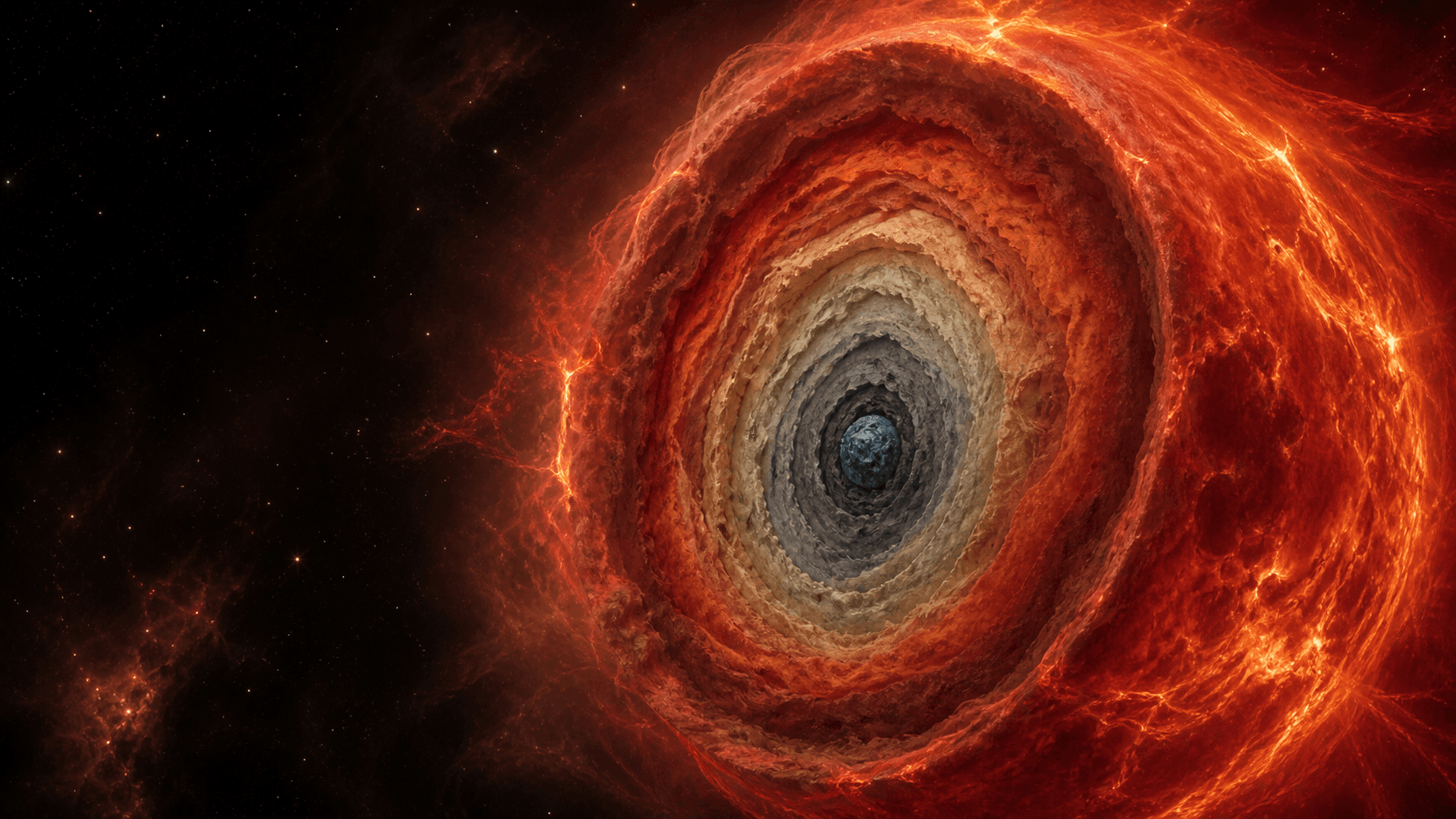 A scientific artistic cutaway of a dying massive star with hot nested shells surrounding a compact steel-blue iron-rich core.