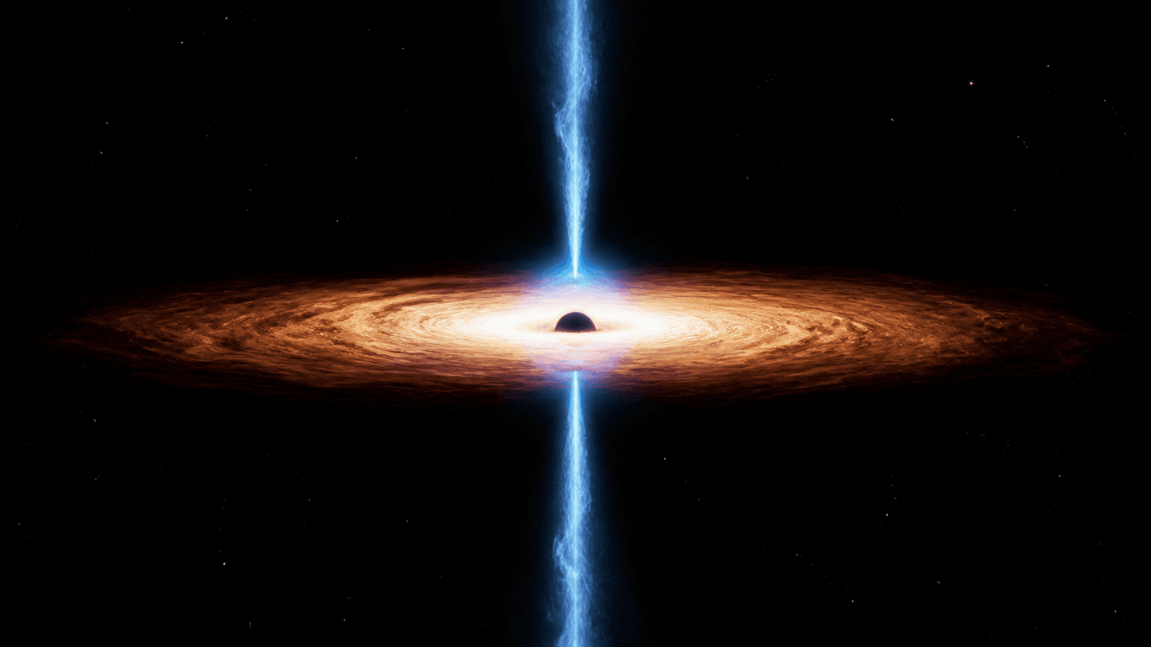 A side-on artistic reconstruction of a luminous accretion disk around a black hole with two narrow blue plasma jets extending in opposite directions.