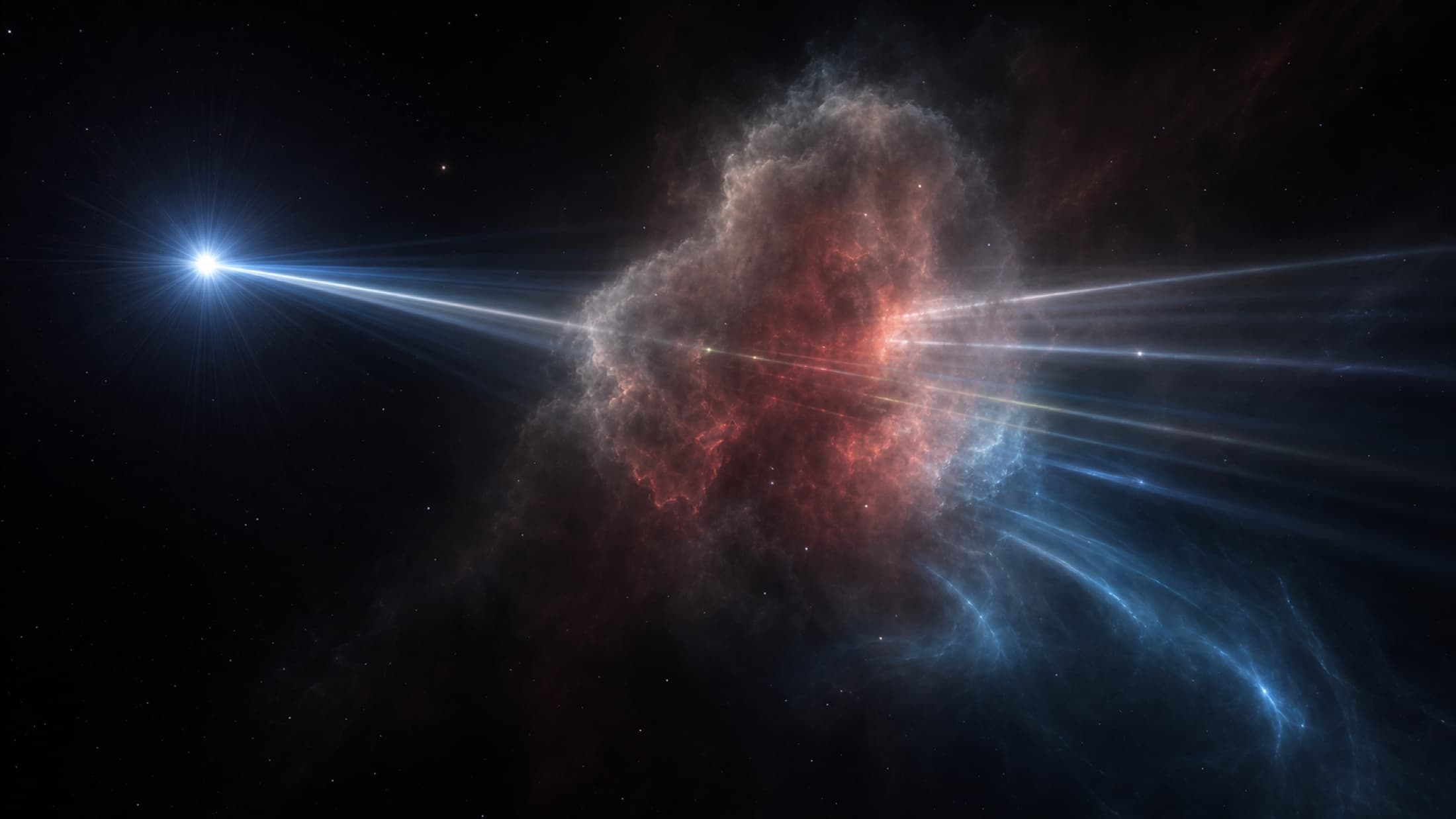 Starlight crosses translucent gas and dust, with some rays passing through, some scattered, and some re-emitted.