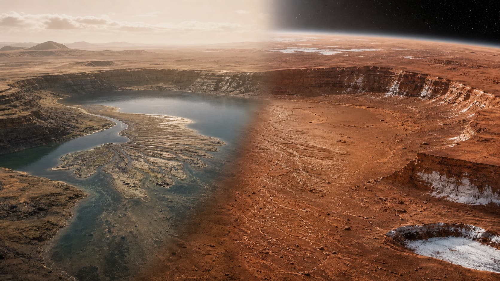 Artistic scientific reconstruction transitioning from an ancient Martian river delta and crater lake to the same basin as a dry modern landscape.