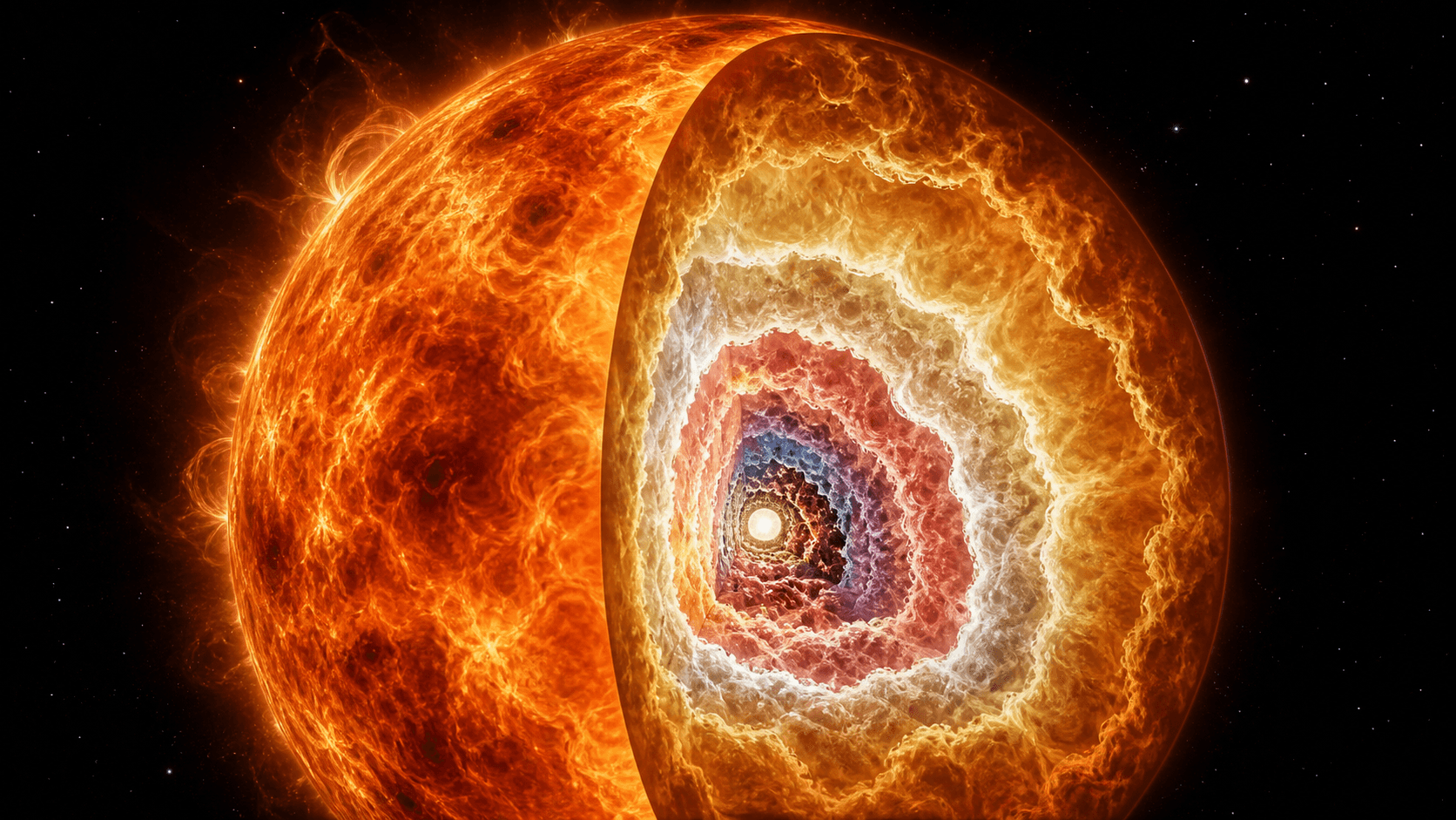 A scientific artistic reconstruction of a turbulent red-orange massive star with a cutaway revealing nested hot plasma regions around a compact bright core.