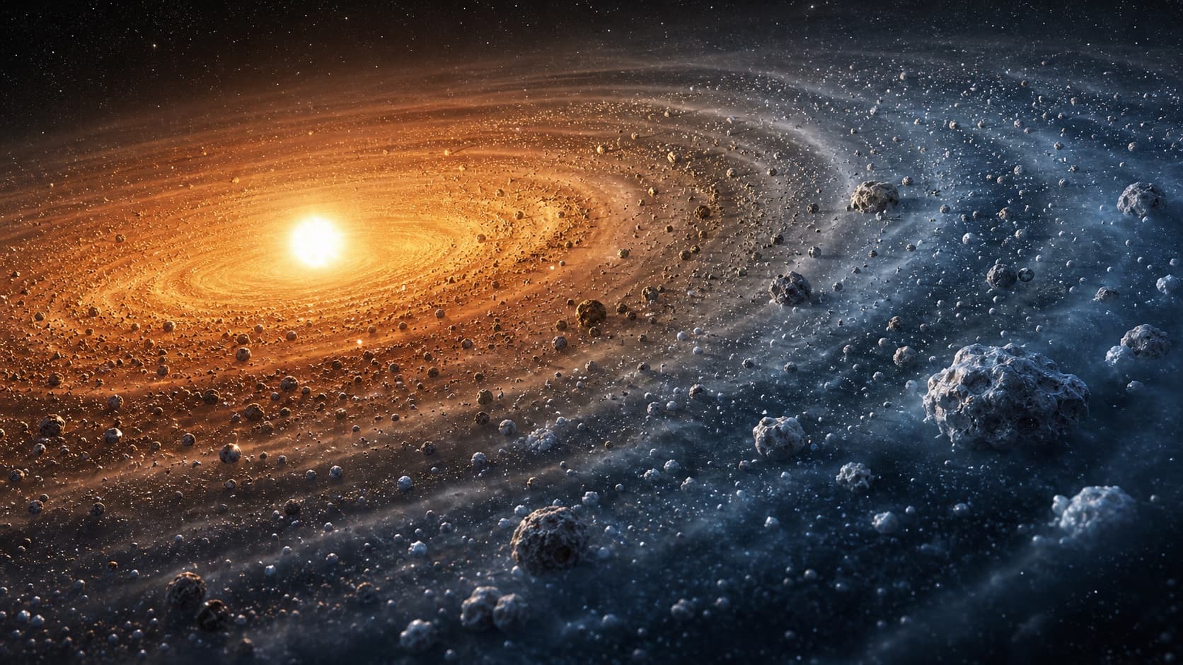 Artistic reconstruction of warm rocky material near a young star and icy solids in the colder outer disk.