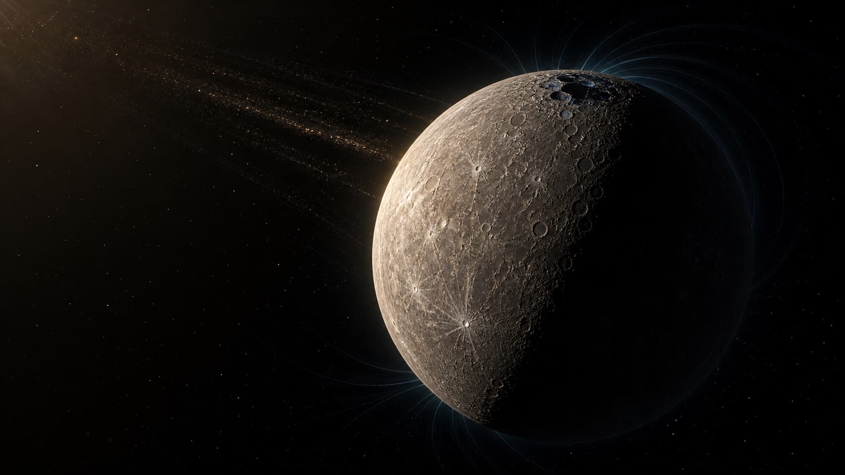 Artistic scientific reconstruction of cratered Mercury divided by a sharp boundary between intense sunlight and deep darkness.