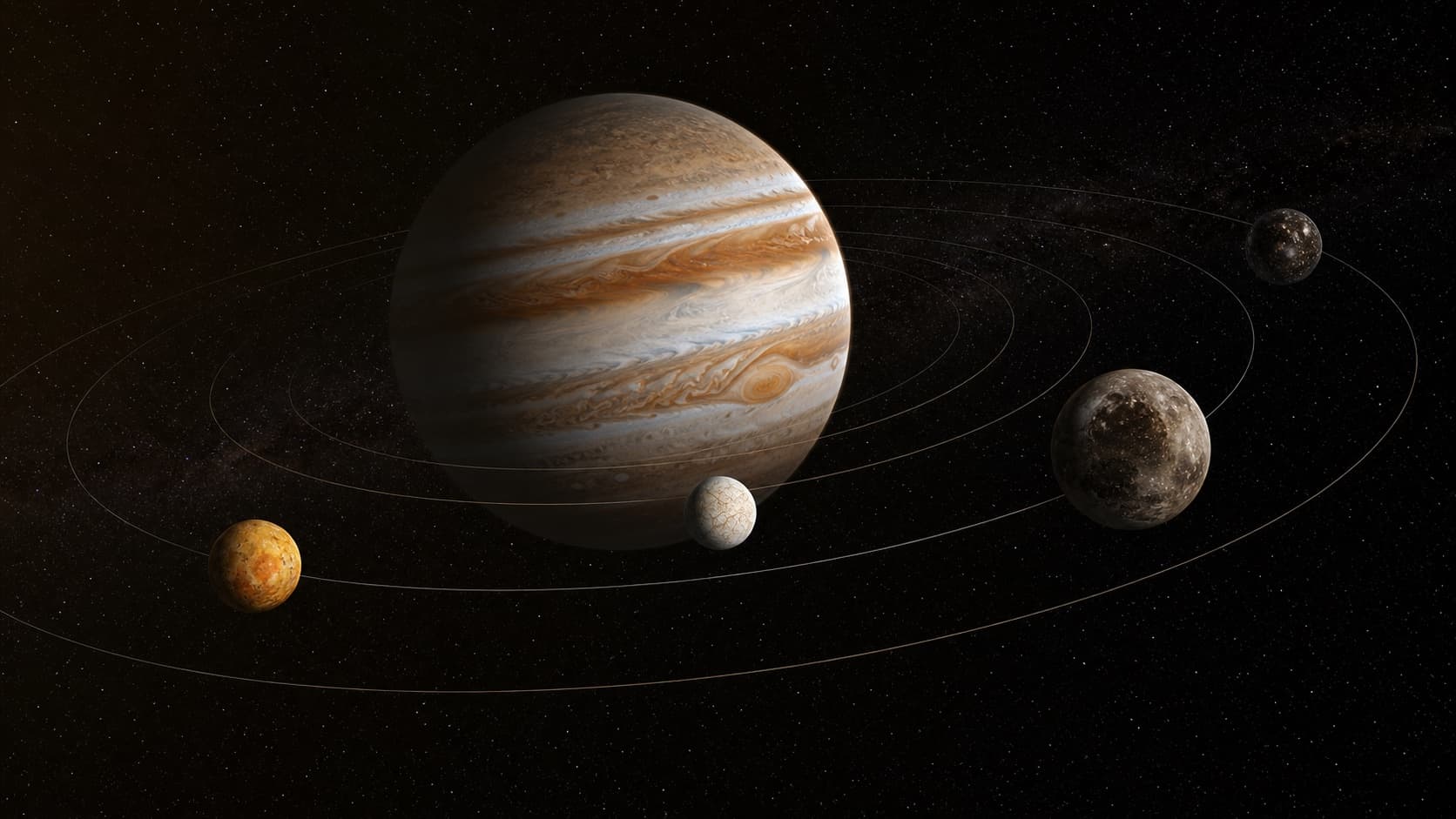 Artistic view of several distinct moons following luminous orbital paths around a giant planet.