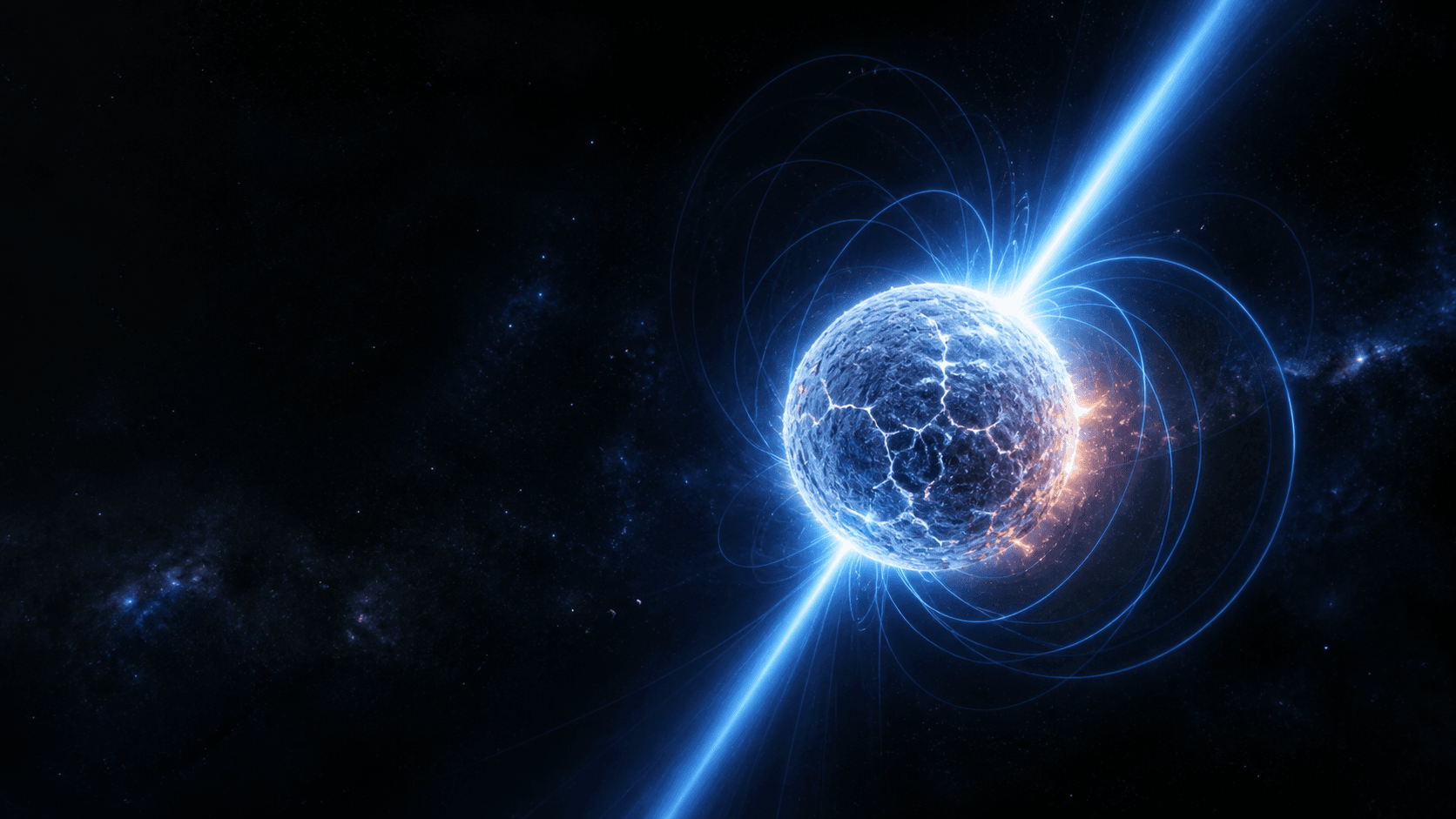 A scientific artistic reconstruction of one compact blue-white neutron star with magnetic loops and narrow radiation beams from offset magnetic poles.