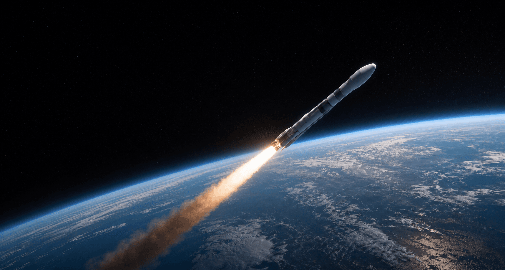 A rocket climbing above Earth with a coherent exhaust plume and a clear upward flight path.
