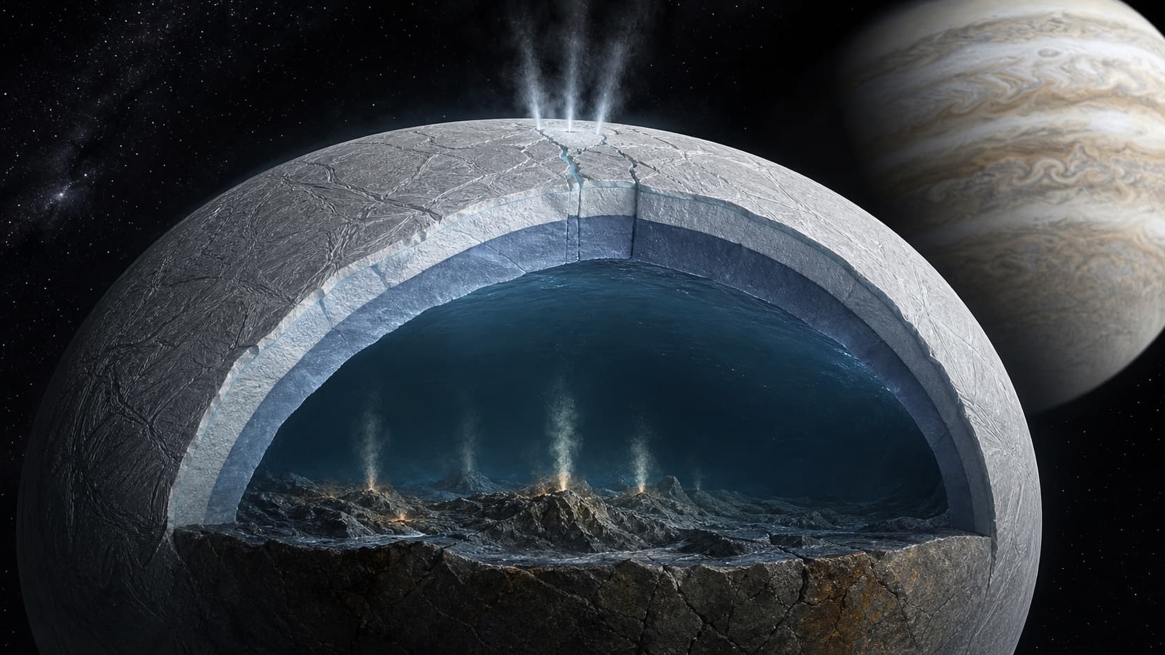 Composite artistic ocean-world cutaway with cracked ice, a blue subsurface ocean, a bright plume, and an orbiter.