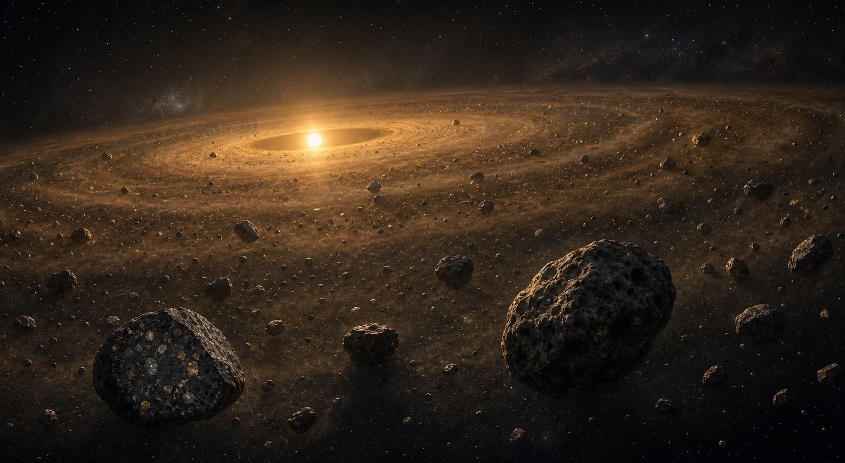 Artistic reconstruction of rocky planetesimals orbiting within the young Solar System's protoplanetary disk.