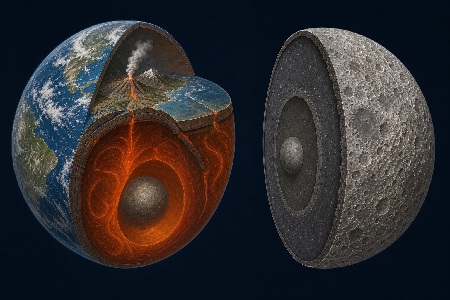 Educational cutaway comparing geologically active Earth with the quieter, heavily cratered Moon.